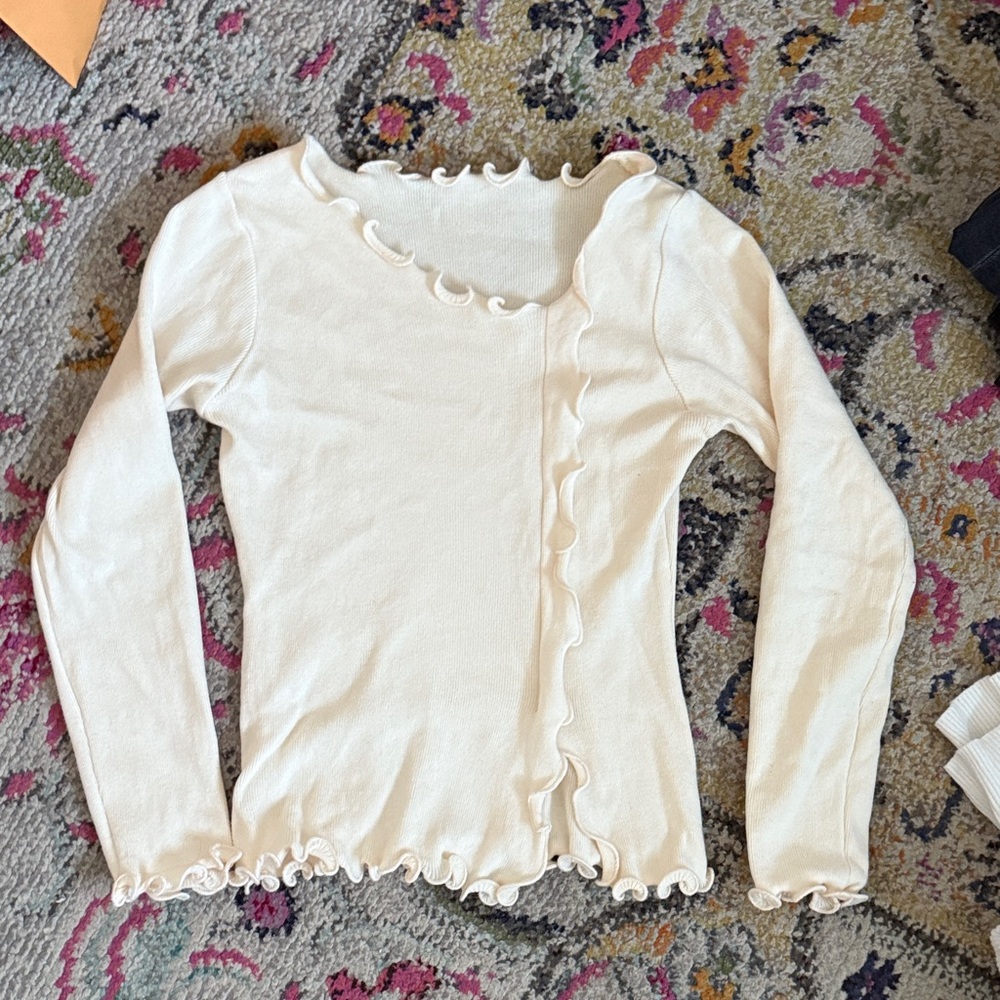Cream Ruffle Trim Long Sleeve Top
